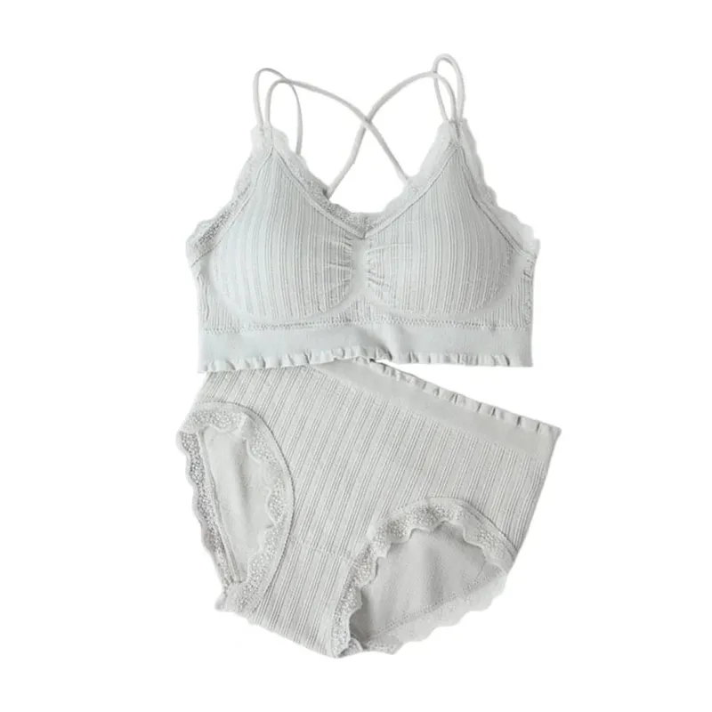 1Set Casual Lace Women Seamless Bra Set V-Neck with Bra Pads Lingerie Set Comfortable Breathable Underwear Set