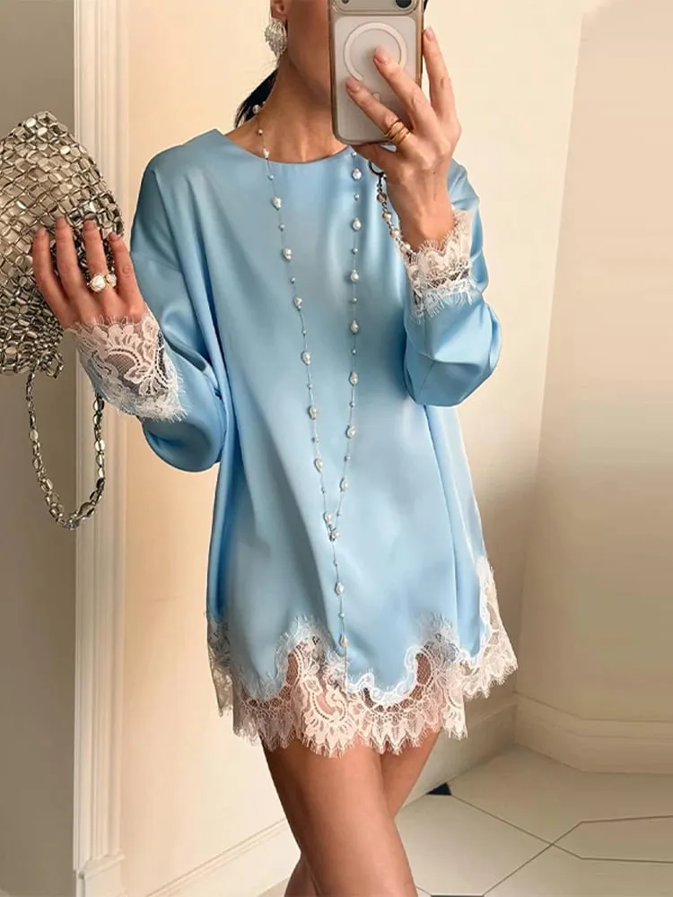 Loose Satin Mini Dress Women O Neck Long Sleeves Lace Patchwork Straight Vestidos Female 2026 Spring Summer Chic Solid Dresses