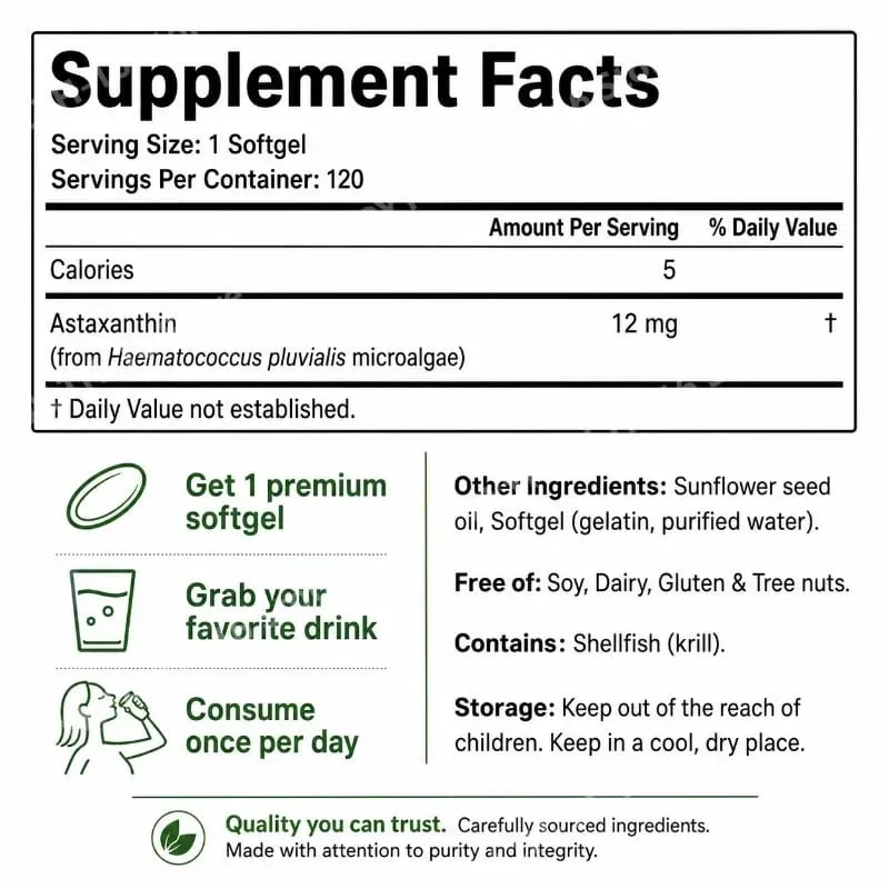 Astaxanthin 12mg Triple Strength Softgels Antioxidant for Eye Skin Joint & Immune Health From Haematococcus Pluvialis 120ct