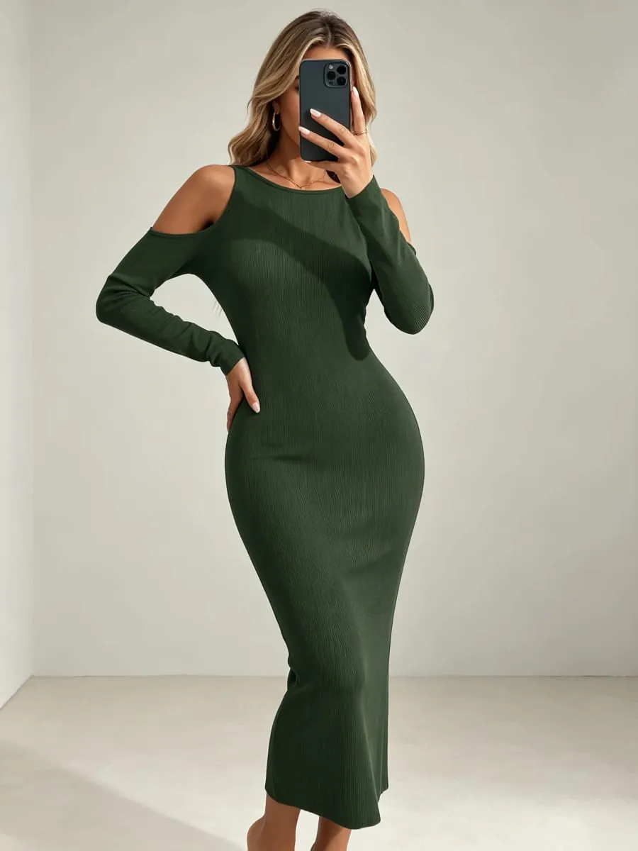 Women's Cold Shoulder Long Sleeve Ribbed Knit Midi Dress Slim Fit Solid Elegant All Seasons Office Work Daily Casual Party Wear