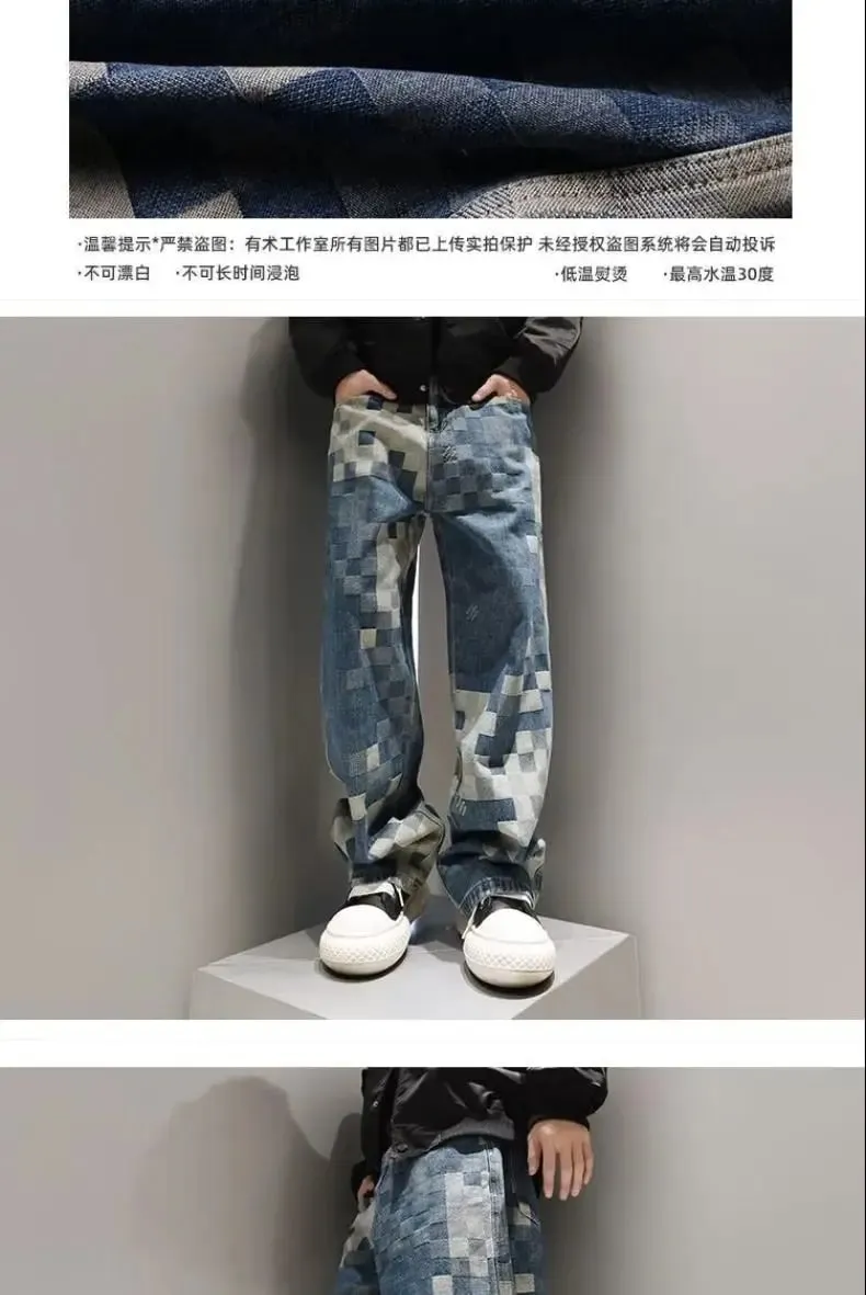 Y2k Streetwear Plaid Baggy Jeans Men Straight Wide Leg Loose Pants Fashion Hip Hop Washed Vintage Denim Pants Trousers