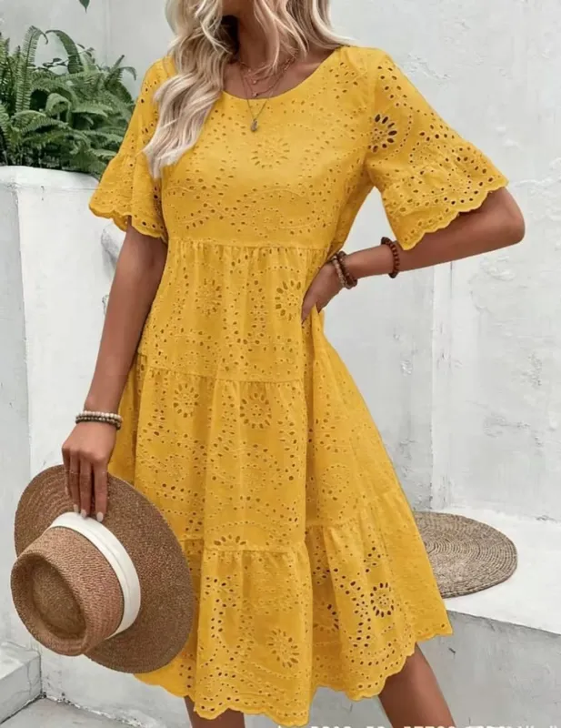 Women's White Eyelet Embroidery Midi Dress Hollow-out Boho Flowy Ruffle Tiered Dress Casual Short Sleeve Summer Beach Dresses