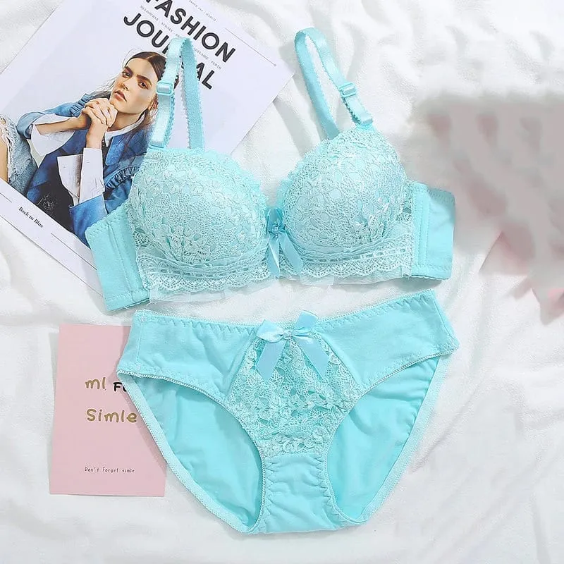 Wire‑Free Soft Push‑Up Brassiere Bra Panty Set Women Lace Lingerie Set Bow Decor Comfortable Daily Wear Intimate Underwear