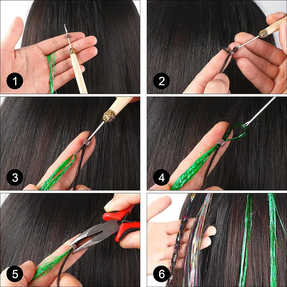 6Pcs/set Sparkle Shiny Hair Tinsel Hair Extensions Dazzles Women Hippie for Braiding Headdress Hair Braiding Tools Long 60cm