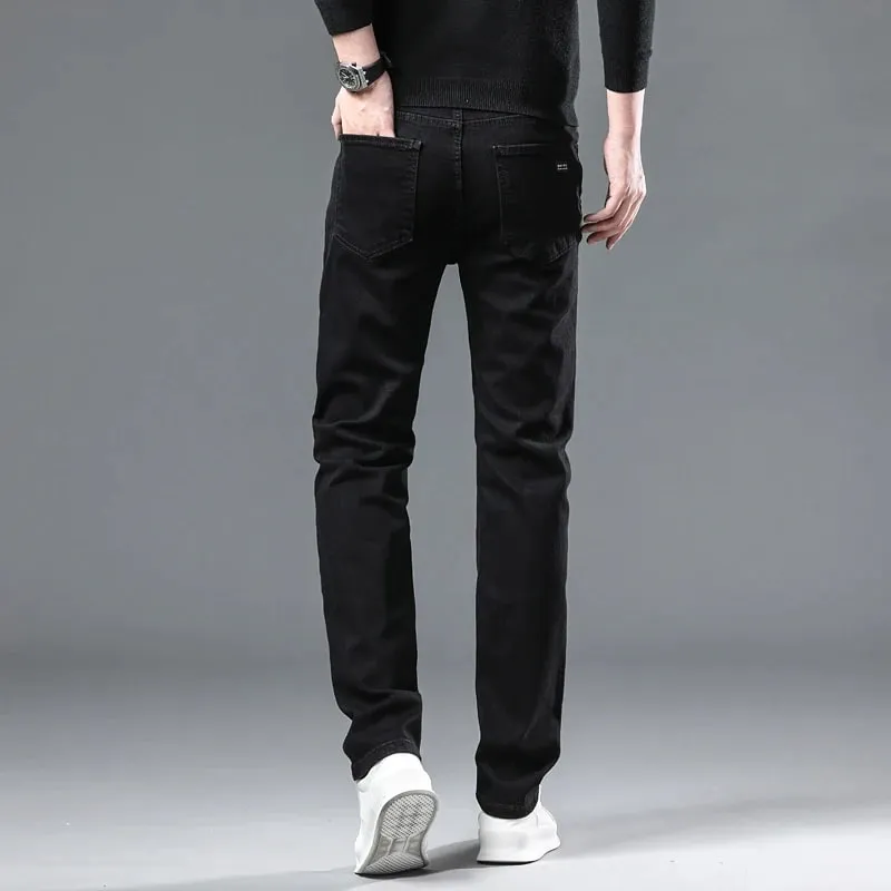 Lelaki Hitam Musim Gugur Seluar Jeans Lurus Kasual Stretch Klasik Seluar Denim Fit Biasa Seluar Denim Selesa Lelaki