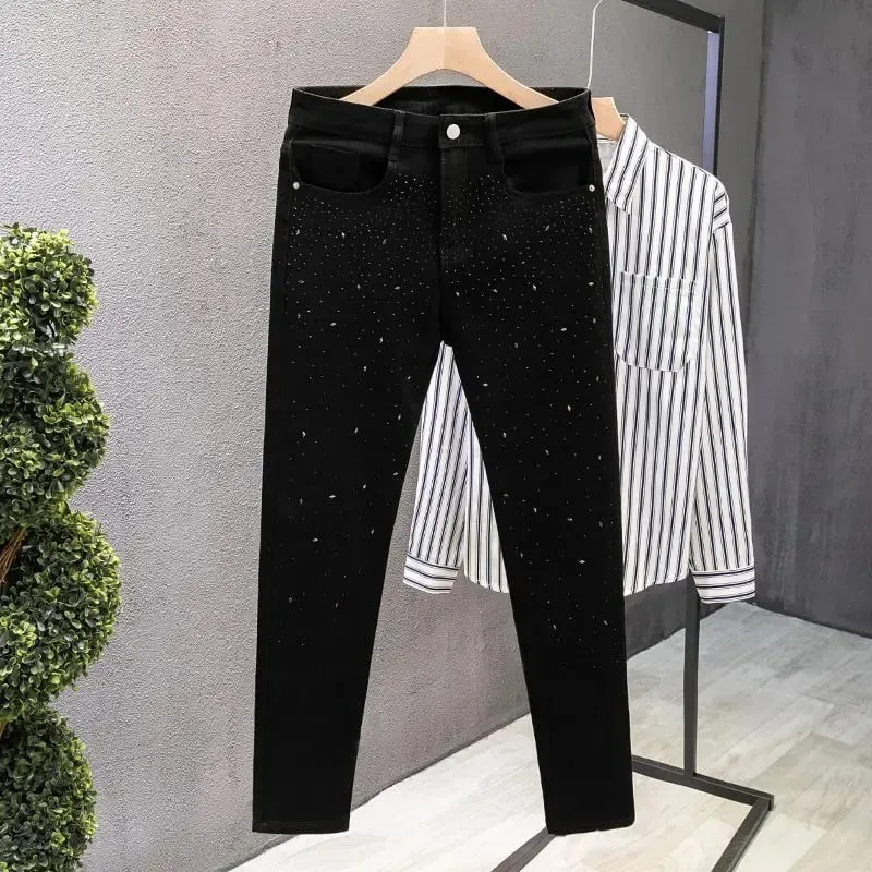 Luxury Fashion Hot Diamond Black Jeans Men's Autumn Men's Pants Brand Slim 2025 New Gypsy Star Fried Street Handsome Pants