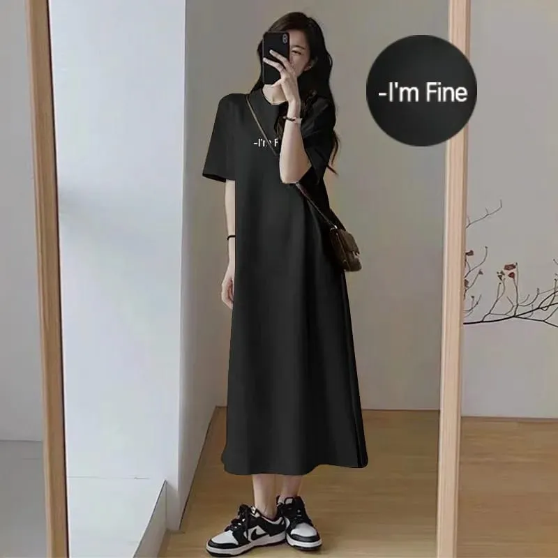 Women Korean Loose T-shirt Dress Summer Letter Print Split Midi Dress O Neck Short Sleeve Casual Lazy Long Dress