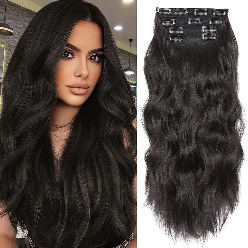 Clipe sintético longo ondulado feminino de alta temperatura, extensão de cabelo sintético, 4 peças, clipe longo, macio, ondas glam, grosso