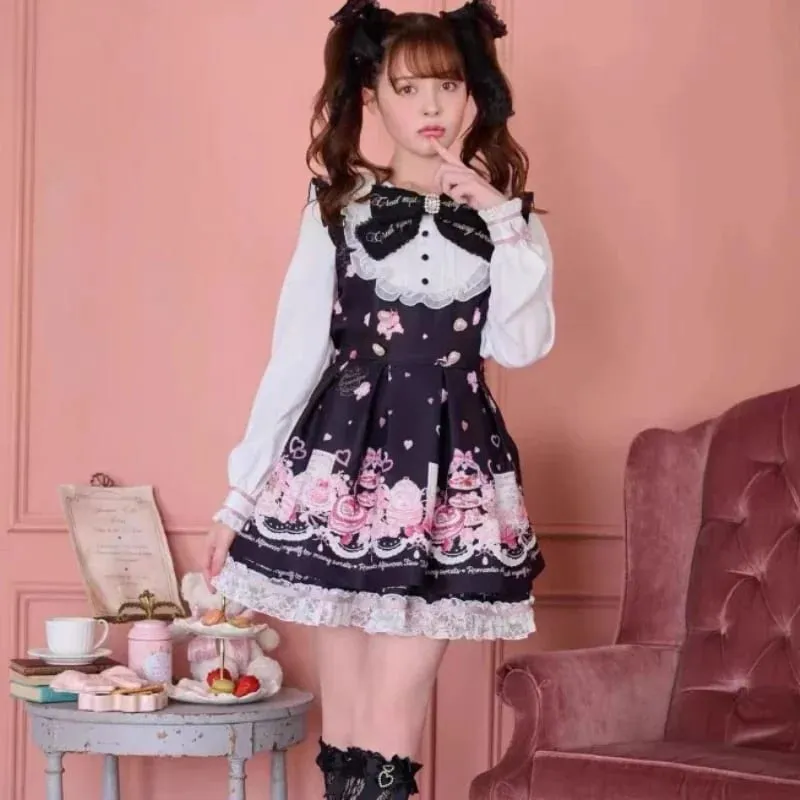 Sweet Lolita Style Lace Pearl Cute Print Shirt Dresses Japanese Kawaii Bow Dress Set Gothic Y2k Tea Party Women Dress 2025 New