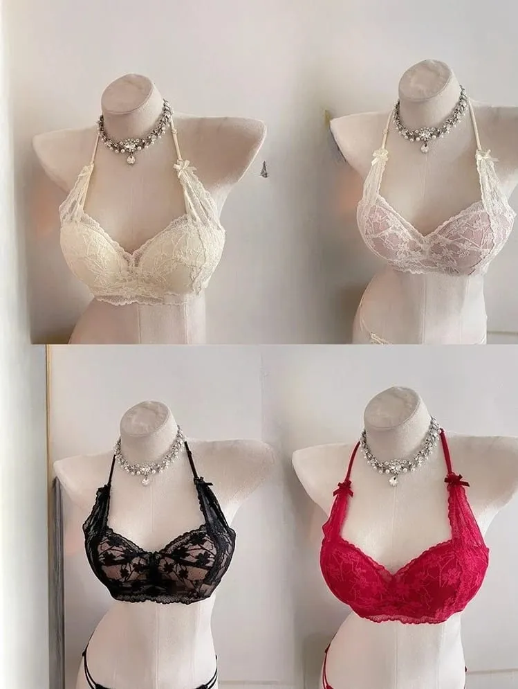 Sweet Halter Neck Bow Lace Wireless Bra Sujetador Push-up Acolchado Señoras Capas Lencería íntima para busto pequeño Tamaño 32-38 ABC