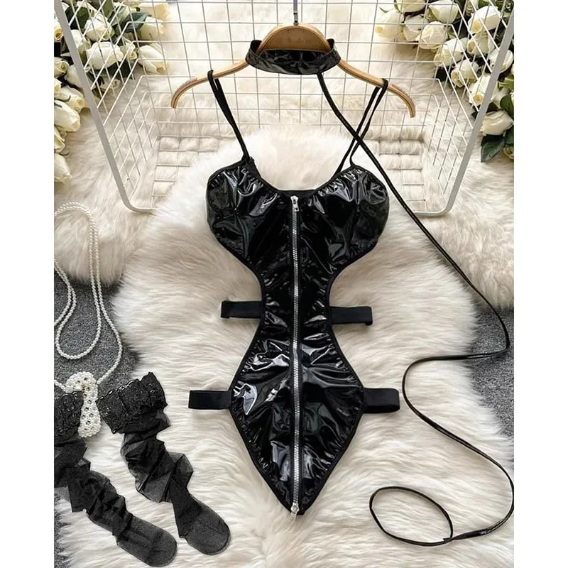 Sevimli Gri Tavşan kulaklık Üst Seksi Backless Slim Fit Bodysuit Zip Kolsuz Kadın Seksi Erotik Iç Çamaşırı Tavşan Cosplay Tulum