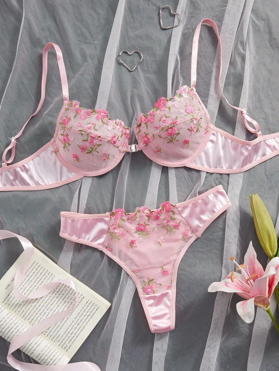 Pink Floral Embroidery Lingerie Set 2PCS Underwired Semi-Sheer Front Closure Back Double Hooks Sexy Underwear for Romantic Occas