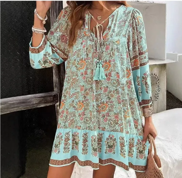Casual Print Loose Dress For Women Fashion Long Sleeve V Neck Lace-up Vintage Pullover Dresses Lady Boho Holiday Womens Clothing