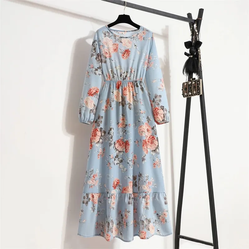 Spring Summer Women Maxi Dresses Casual Full Sleeve Floral Printed O-neck Woman Bohe Beach Party Long Dress Mujer Vestidos