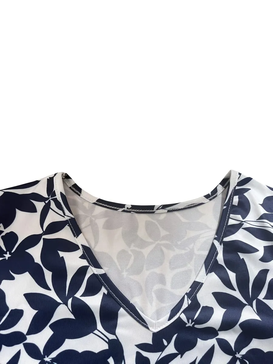 Women's Navy Blue Leaf Print Fit And Flare Dress Summer Casual V Neck Short Sleeve A Line Flowy Sundress