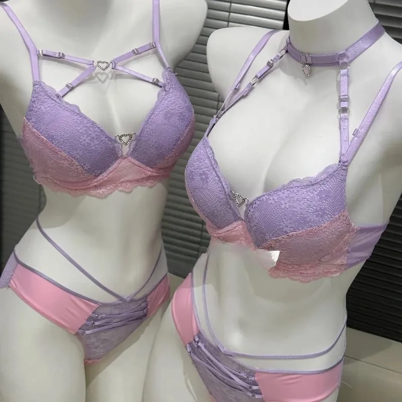 Chic Hollow Lace Tie Strap Lingerie Set Sexy Push Up Brassiere Gathering Ladies Fashion Inner Underwear Set 32 34 36 38