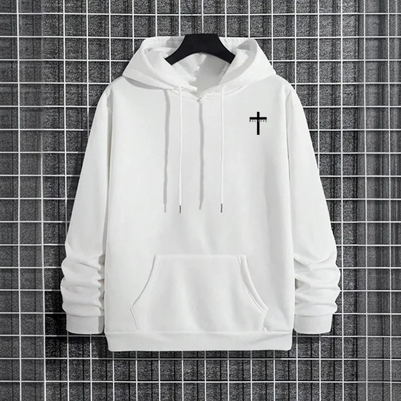 Mens Urban Hoodie 2025 High Quality Solid Color Long Sleeve Sweatshirt Casual Sporty Hooded Outerwear Jesus Cross Print Pullover
