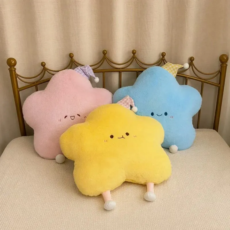 40-60cm Cute Star Plush Pillow with Sleep Hat Kawaii Star Stuffed Cushion Soft Fluffy Sofa Throw Pillow Girl Bedroom Home Decor