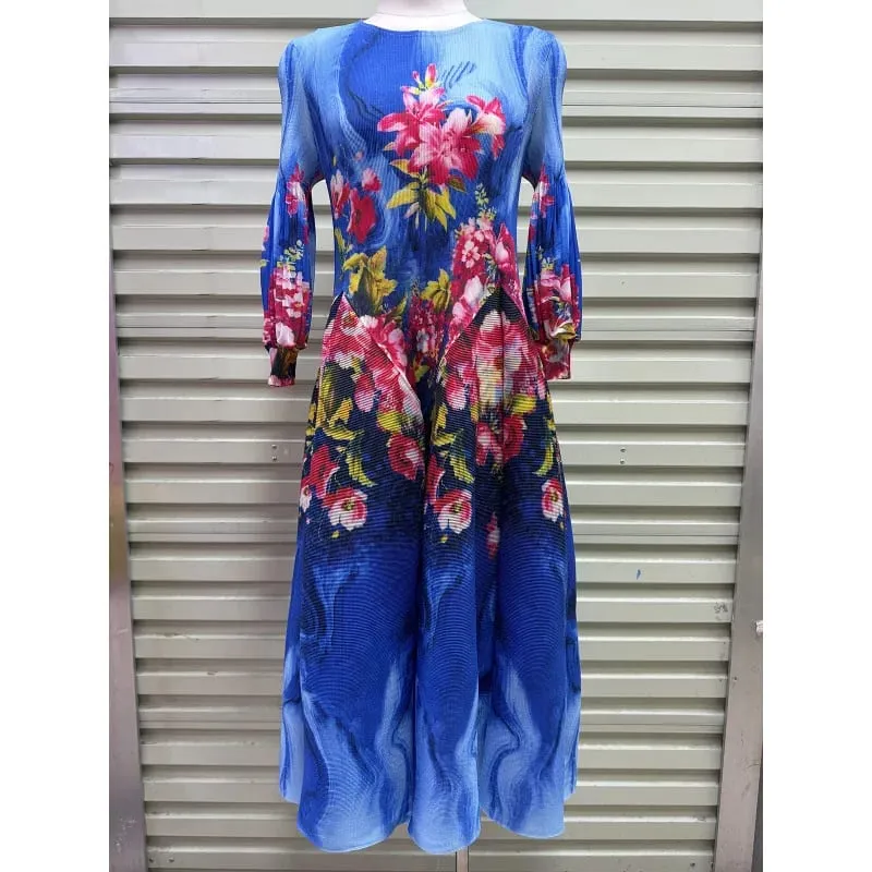 Miyake Plissee Kleider 2026 Herbst Neue Sanfte Französisch Druck Elegante Stretch Plus Größe frauen Langarm Bounce Blume Knospe kleid