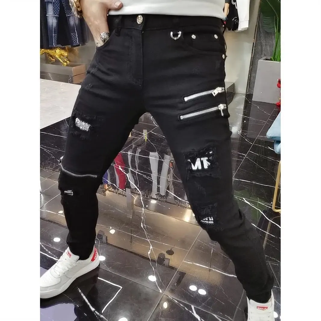 Luxury 2023 Men's High Street Korean Black Jeans with Zipper Distressed Hole Designer Youth Trend Slim-Fit Black Cotton Trousers