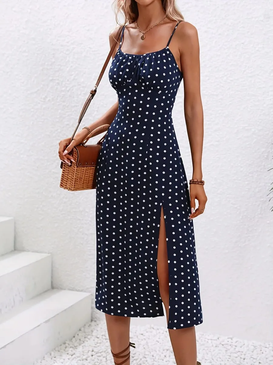 2024 Women Floral Print Spaghetti Straps Summer Boho Beach Dress Print Elegant Suspenders Square Neck Slit Dress Vestidos
