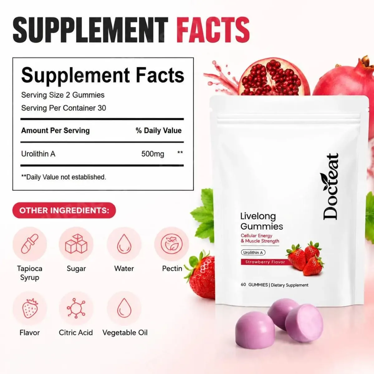 Docteat Urolitin A Gummies 500 mg na porci Jahodová příchuť Denní podpora buněčného wellness 60 Gummies pro muže, ženy