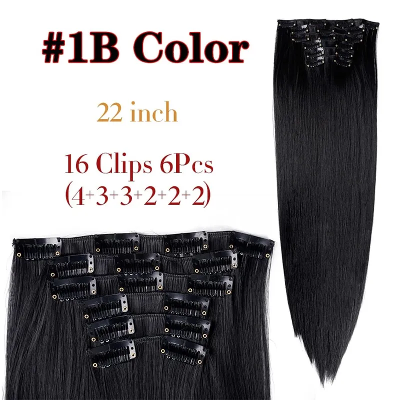 Black Clip In Extensions Straight 22" Long Synthetic Thick Clips On Hair Piece For Women 6Pcs/Set Curly Full Head Weddings Daily
