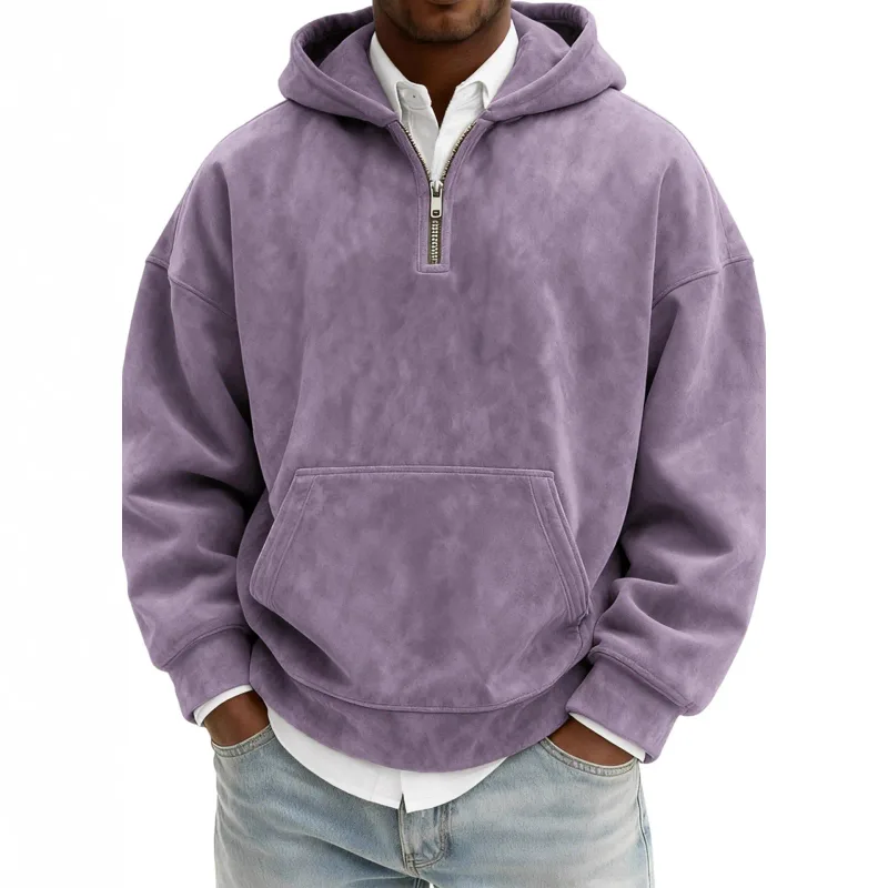 American New Fashion Men's Solid Color Half Zipper Long Sleeve Casual Trendy Daily Hooded Sweatshirts Male Hoodies Clothes Tops