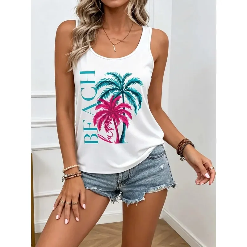 Women's Cool Summer Tops with Coconut Tree Prints Sleeveless Tops. Comfortable and Casual Beachwear for a Vacation Style.