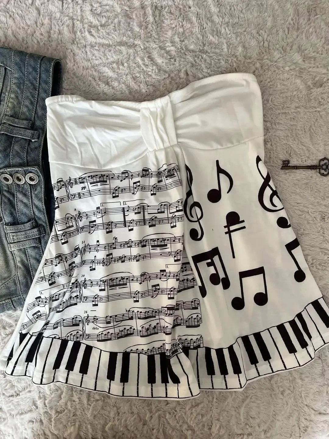 Music Note Piano Key Print Halter Tops Women Y2K Sweet Gothic Strapless Vest Bow Front Ruffle Hem Camisole Fashion Streetwear