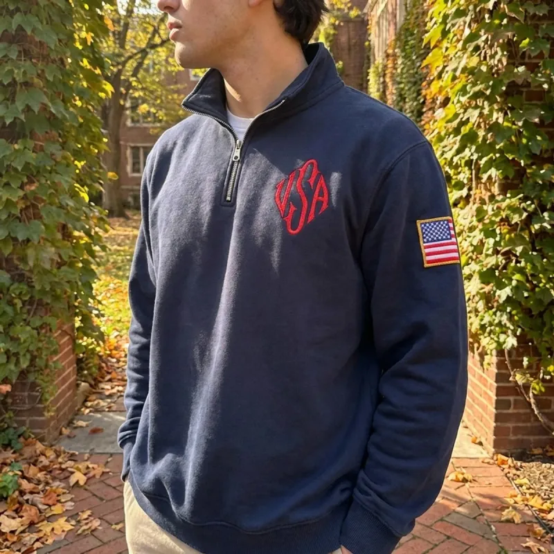 Hot Sell American Flag Embroider Hoodies Quarter Zip Sweatshirts Men Y2k Casual Sweater Pullover Patch Sleeve Streetwear