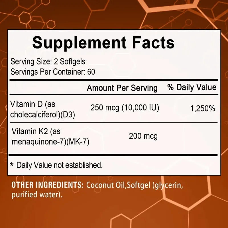 2-in-1 Vitamin D3 K2 Supplement Softgel 10000 IU VIT D3 + 200 MCG Vitamin K2 Support Calcium Absorption in Bones