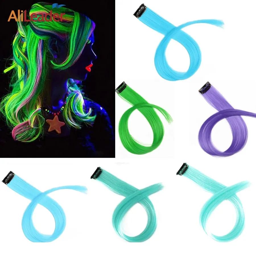 Extensión de cabello sintético con Clip para mujer, postizo falso fluorescente de una pieza con Clip brillante, 20 pulgadas, 11 colores