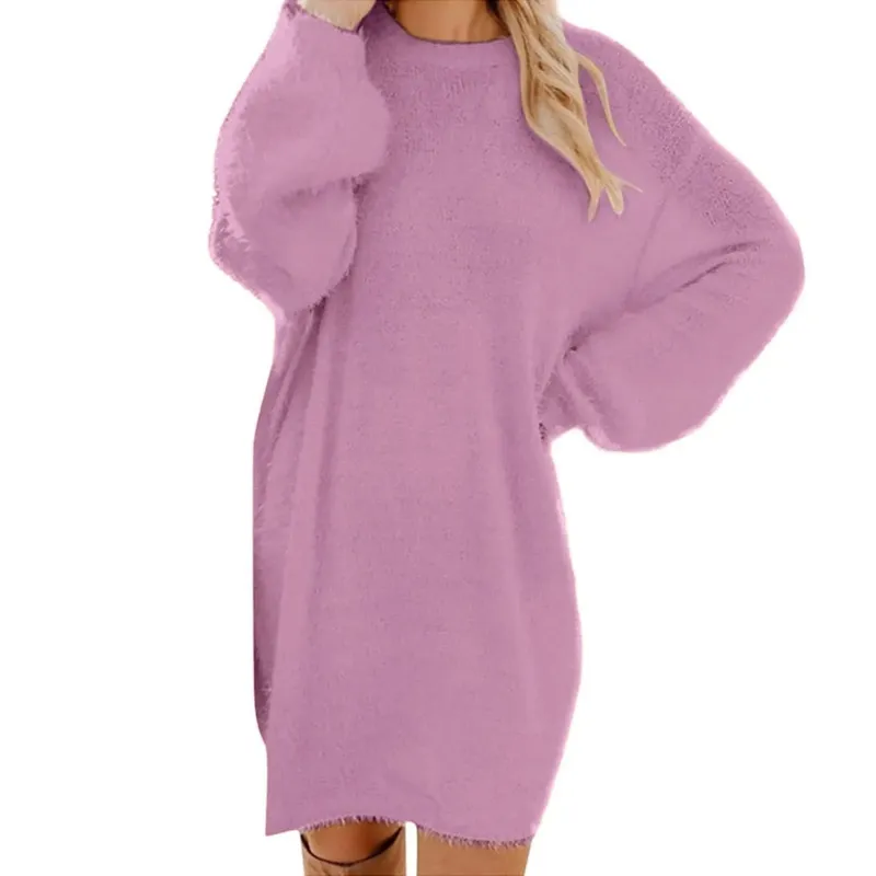 Damski sweter zimowy dzianinowy okrągły dekolt ciepły, długi rękaw O-Neck Casual bluzy sukienka jednolity kolor ponadgabarytowy podstawowy materiał damski
