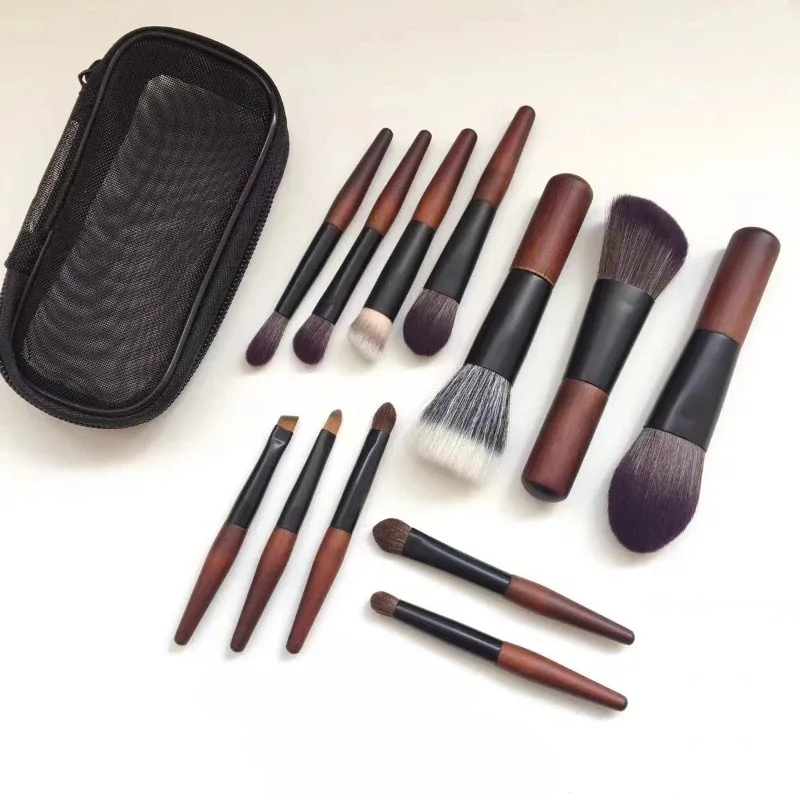 12Pcs Professional Makeup Brushes Set Portable Wooden Handle Soft Bristles with Case Foundation Powder Blush Eyeshadow Brush