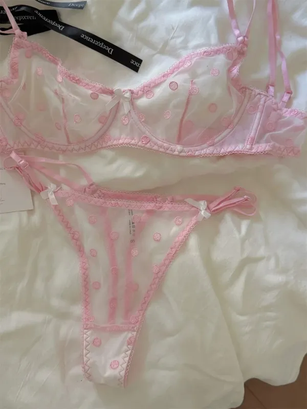 French Retro Lace Bra & Thong Set | Sexy Polka Dot Sheer Mesh Lingerie for Plus Size Big Bust Ultra Thin MOYISU Panty TUSHY Set
