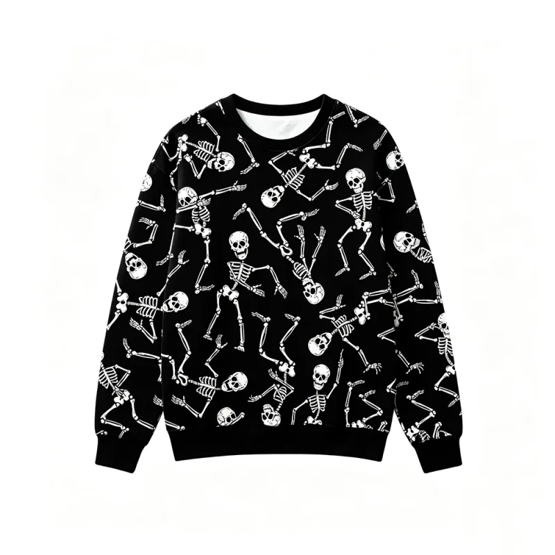 Gothic Style Skeleton Rose Print Sweatshirt Men's Retro Casual Crew Neck Pullover Clothes Harajuku Hip‑hop Street Fashion Tops