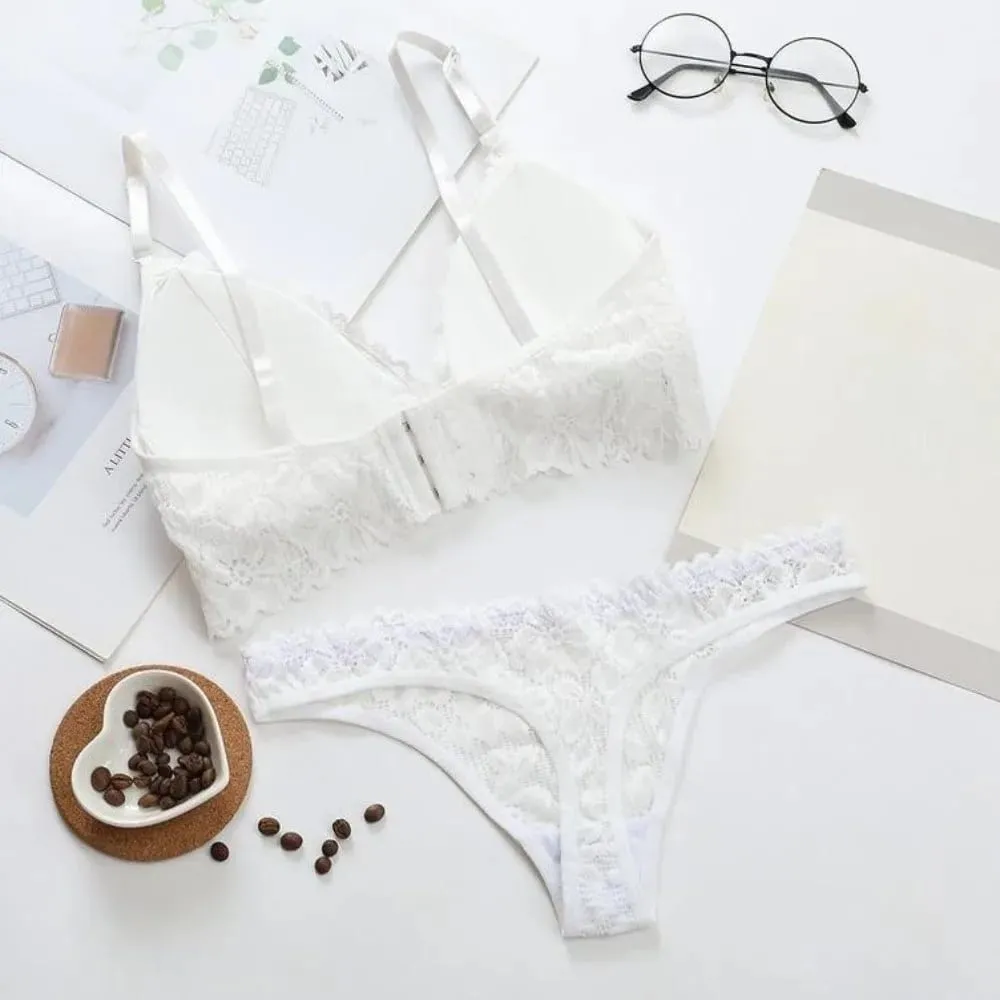 Fashion V Neck Lace Flower Bra Set Thong Solid Color Floral Panties Bra Kit Lingerie T-Back Lace Underwear Valentine's Day Gift