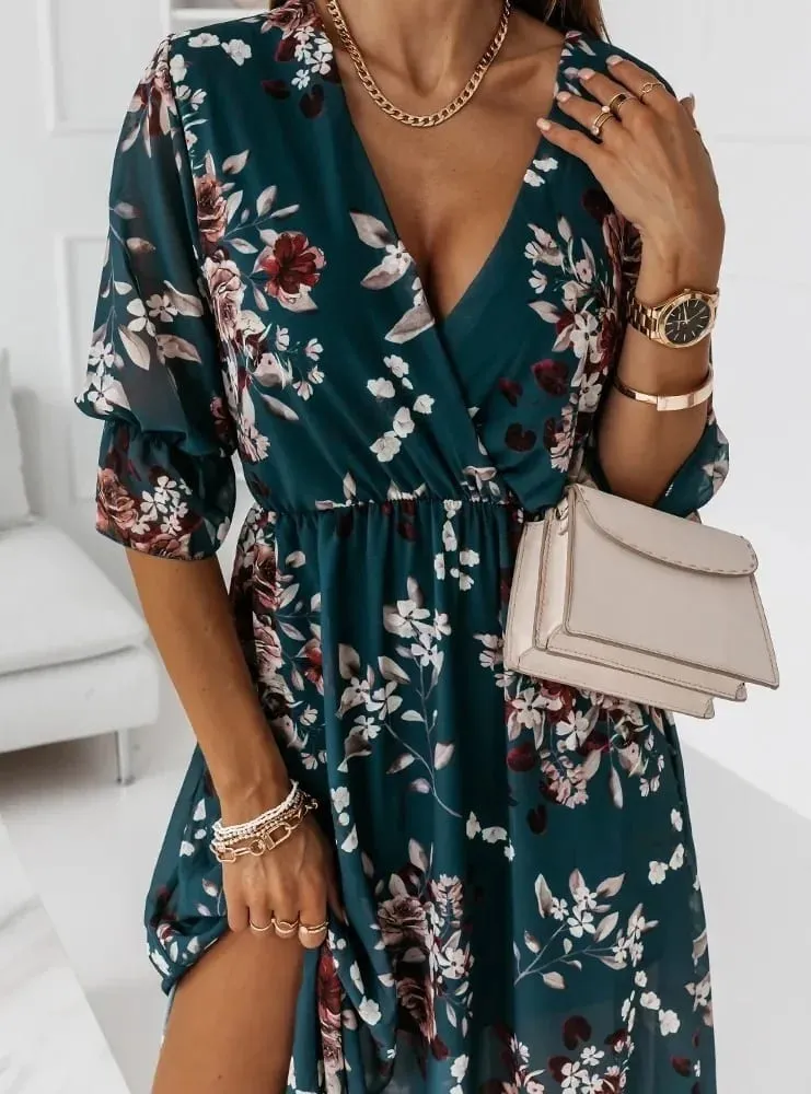 Women's V-Neck Midi Dress Chiffon Print Waist-Cinched Side-Slit Soft Polyester Fiber Comfortable Spring Summer New Style