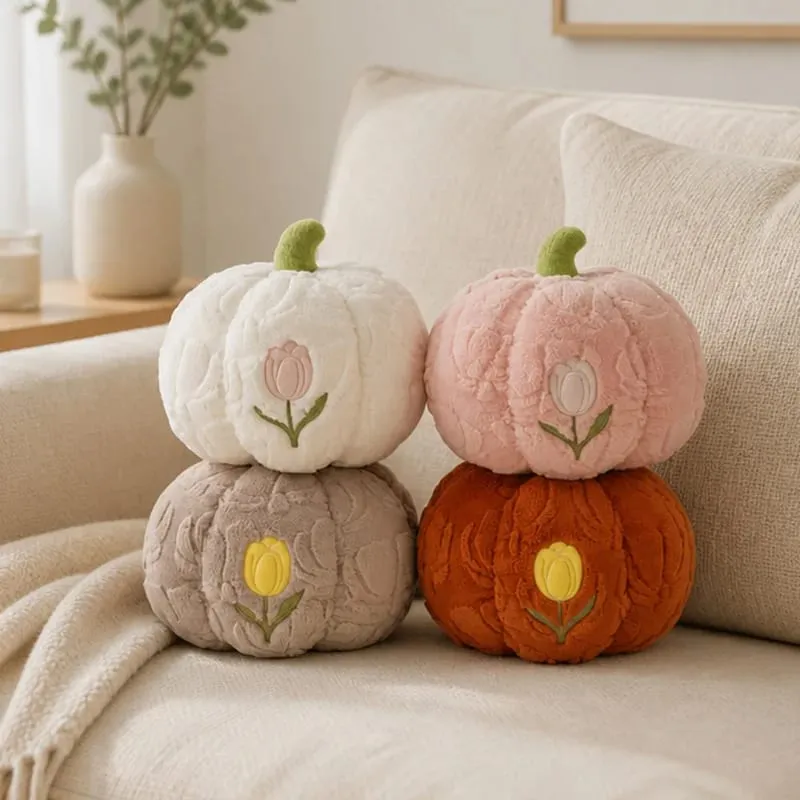 Cute Pumpkin Throw Pillow With Tulip Embroidery Soft Plush Pumpkin Shaped Cushion Pillow For Sofa Living Room Hallowmas Gifts