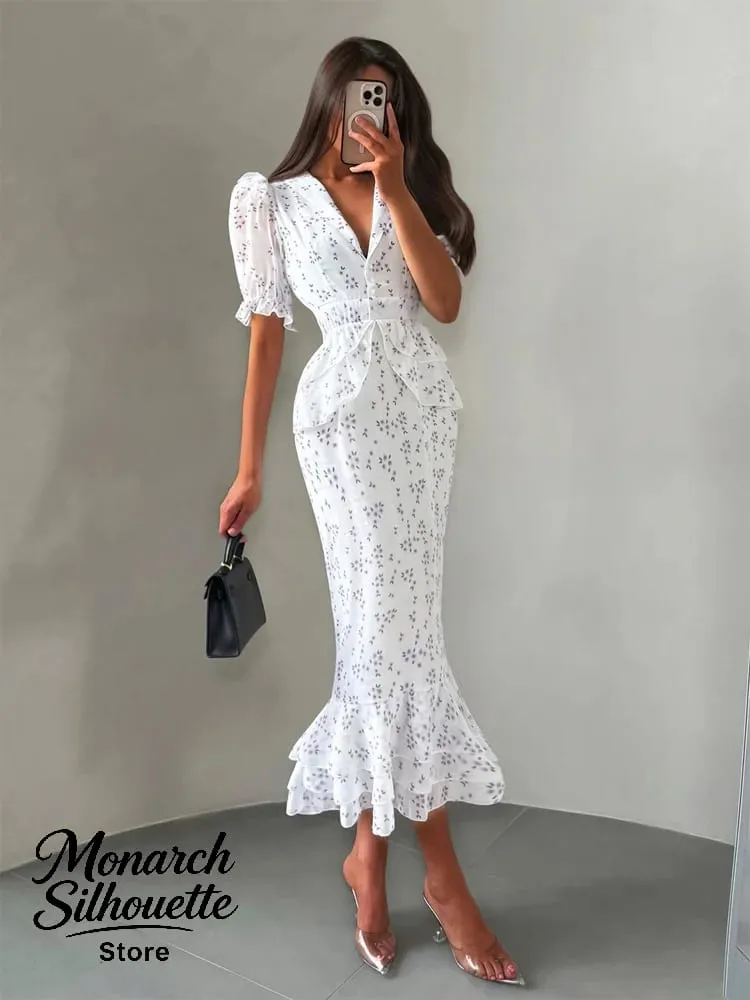 White Pink Floral Choker Neck Dress Women Elegant V-neck 3/4 Sleeves Peplum Ruffle Hem Long Dresses 2026 Lady Daily Vestidos New