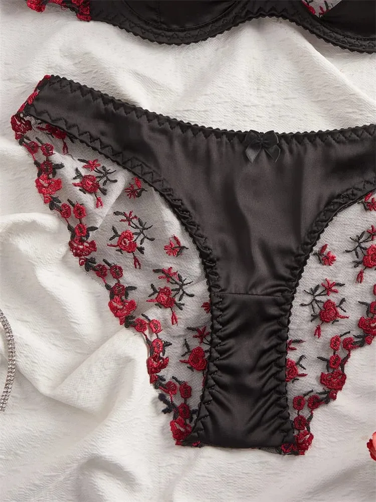 Sexy Lingerie Rose Embroidery Romantic Women's Underwear Tulle Splicing See Through Lingerie Set Ultra Thin Seamless Underwear