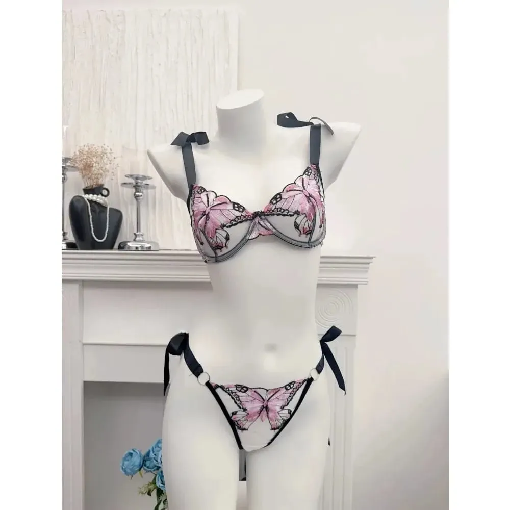 Modest Romantic Lace Butterfly Embroidery Bra Sheer Mesh Camisole Sleepwear Women Daily Wear Push Up Soft Lingerie Set 34-40