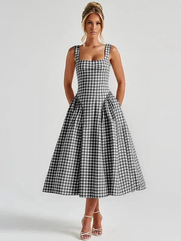 Plaid Printed Spaghetti Strap Sexy A-line Dress Women 2026 Elegant Summer Dress Backless Party Midi Dress Vestidos