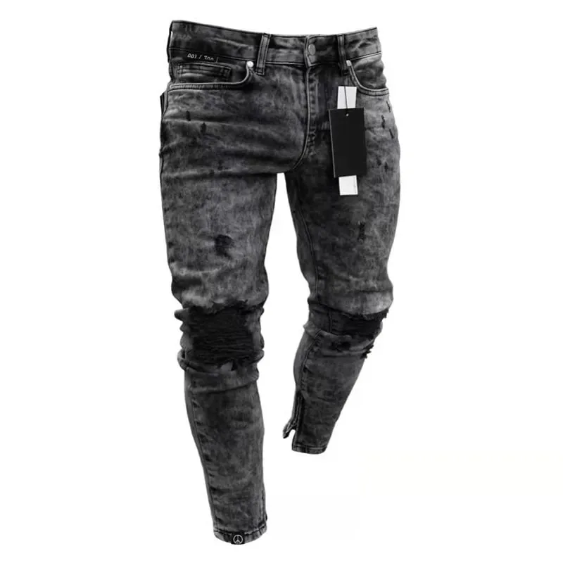 Denim Pant Men Jeans Vintage Pencil Pants High Waist Distressed Hole Skinny Trousers Zipper Hem Y2k Streetwear Splice Casual