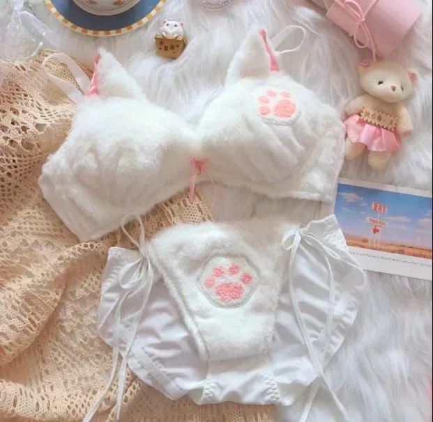 Cute Cat Paw Plush Lingerie Set for Women Warm Winter Bra & Panty with Ears Comfortable Kawaii Underwear