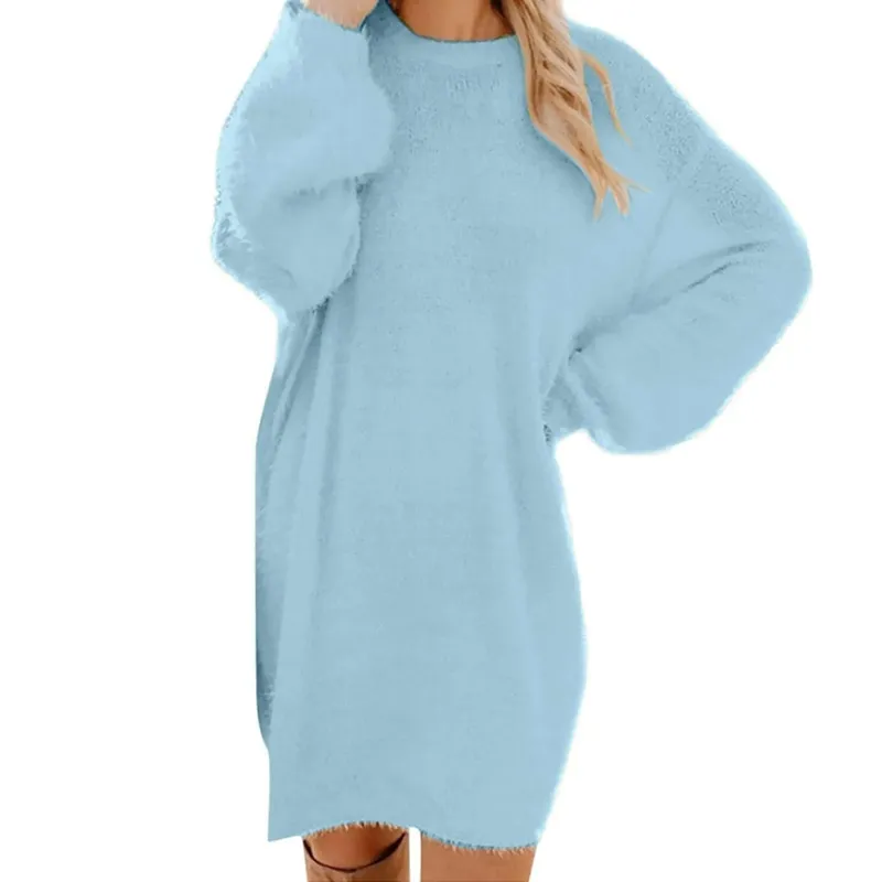 Damski sweter zimowy dzianinowy okrągły dekolt ciepły, długi rękaw O-Neck Casual bluzy sukienka jednolity kolor ponadgabarytowy podstawowy materiał damski