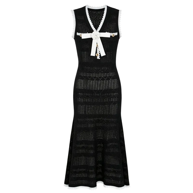 Summer Elegant Knitted Dresses for Woman 2026 Fashion New Sleeveless Bowknot Midi Casual Party Dress Pink White Vestidos