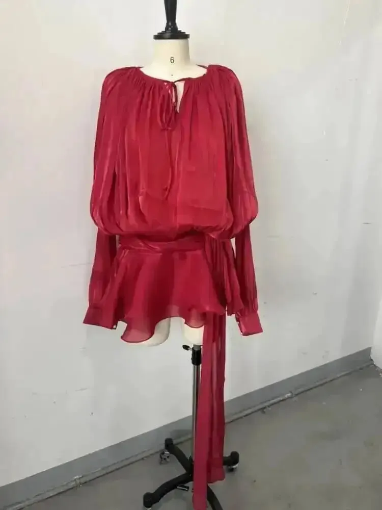 2026 New Summer Fashion Women Clothes Round Neck Lantern Sleeves Satin Short Dress With Shorts Under Two Pieces Set