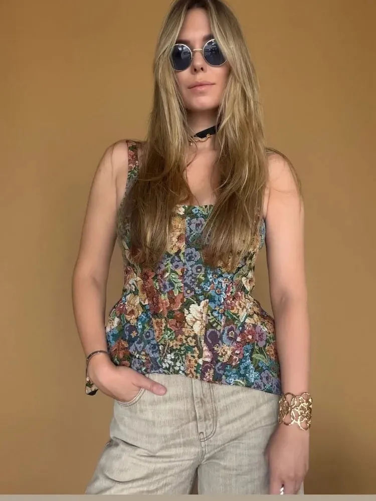 Vintage Floral Off-shoulder Corset Cami Top Women Square Neck Peplum Sleeveless Slim Fit Tank Blouse New Summer Vacation Outfits